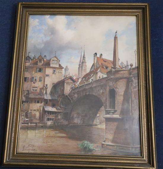 Lorenze Ritter (German 1831-1921), watercolour, A bridge at Tharlesbruke, Nuremberg, signed, 62 x 50cm